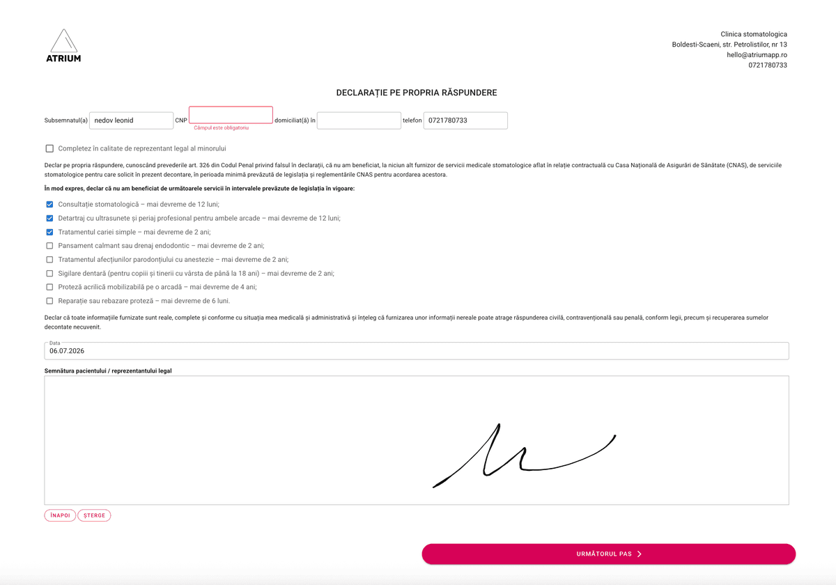 Declarație pe propria răspundere CNAS completată digital în AtriumApp