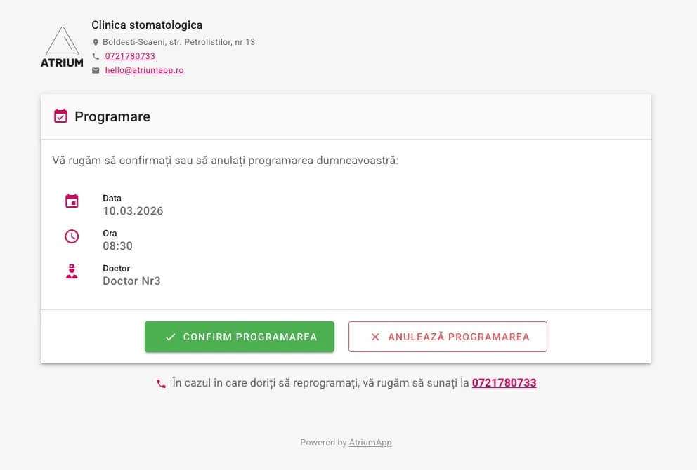 Confirmare programări prin SMS în AtriumApp