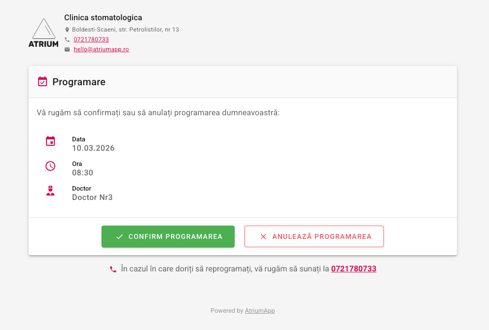 Confirmare programări prin SMS în AtriumApp