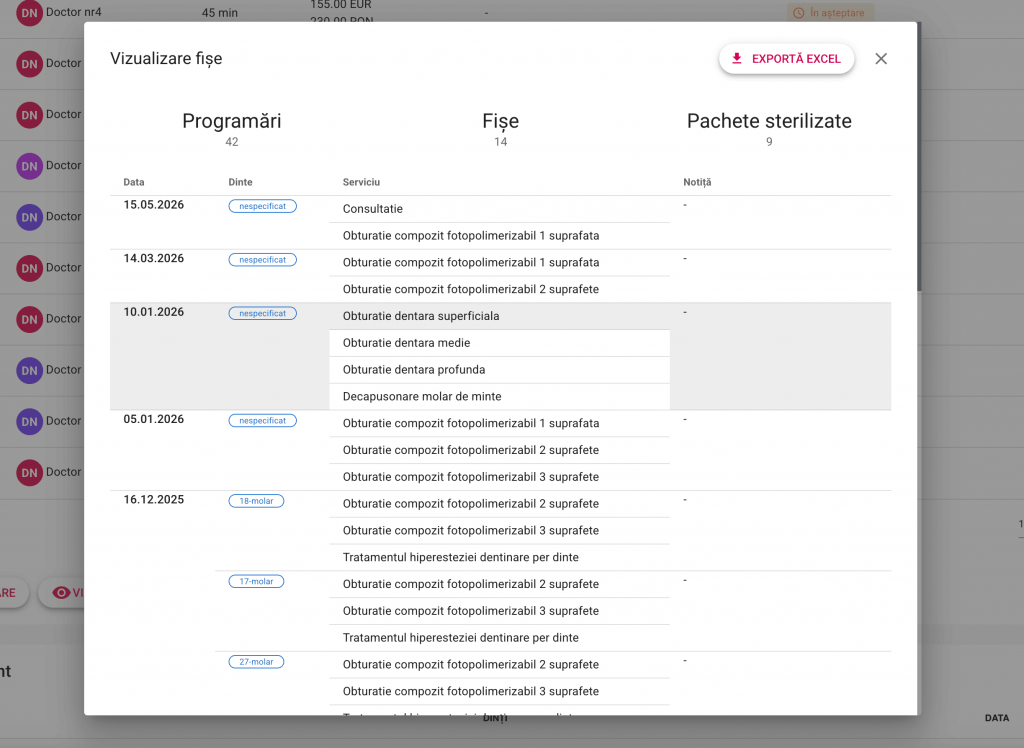 Fișe de tratament cu export Excel în AtriumApp